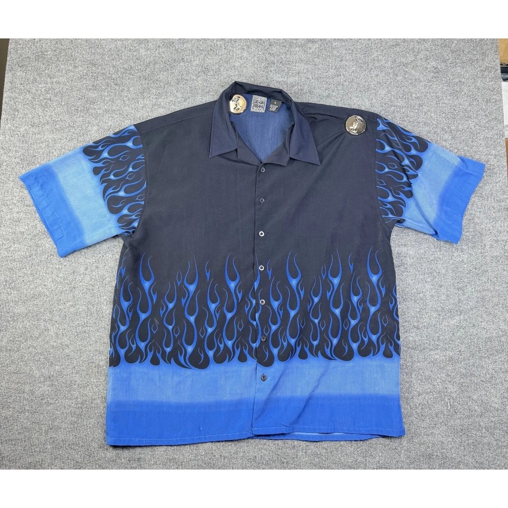 Authentic Shaolin Shirt Men's Black‎ Blue Flames Short Sleeve Korean Made - XL